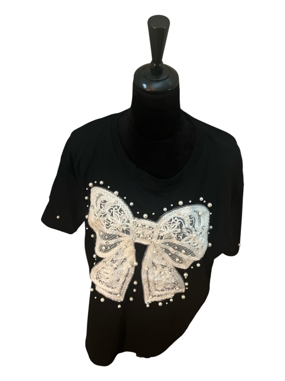 LC Lauren Conrad Black Tee with White Lace Bow and Pearl Accents